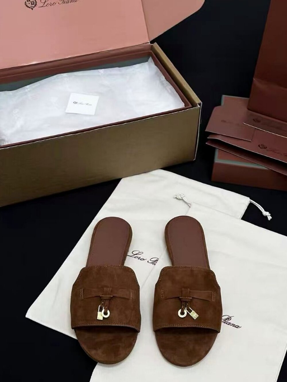 Loro Piana Brown Suede Lock Bow Slide Sandals